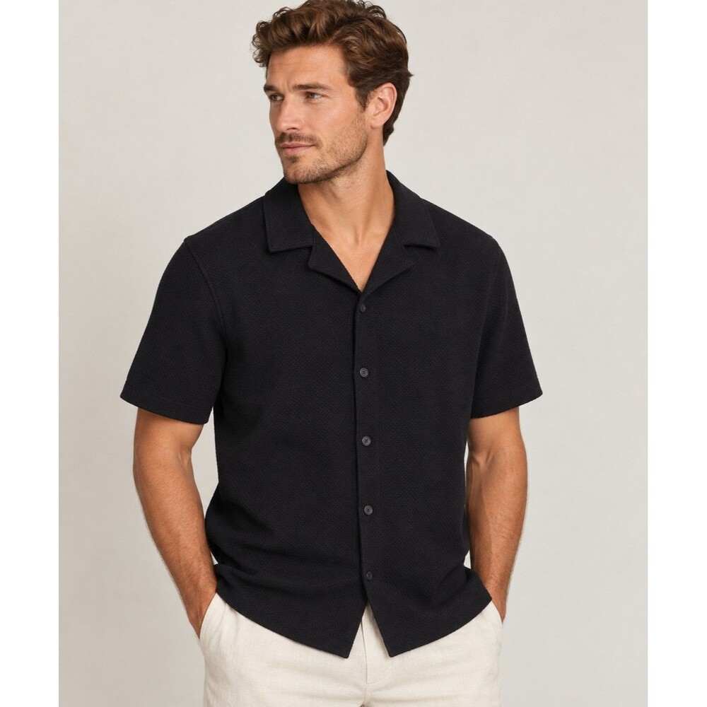 REISS Koen Men’s Cuban Collar Shirt Black Textured Short Sleeve Size LPreppy